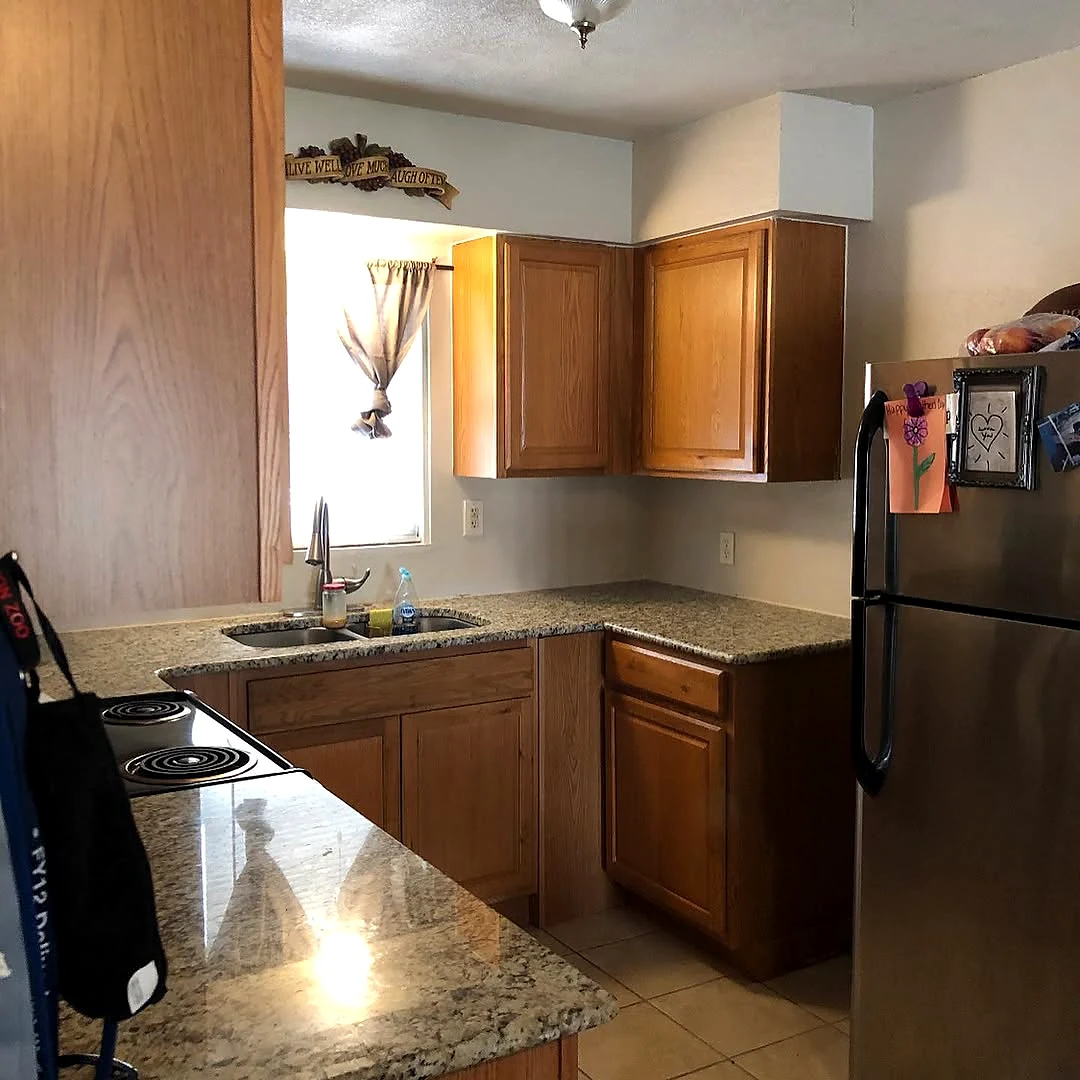 Natural wood kitchen cabinets before refinishing