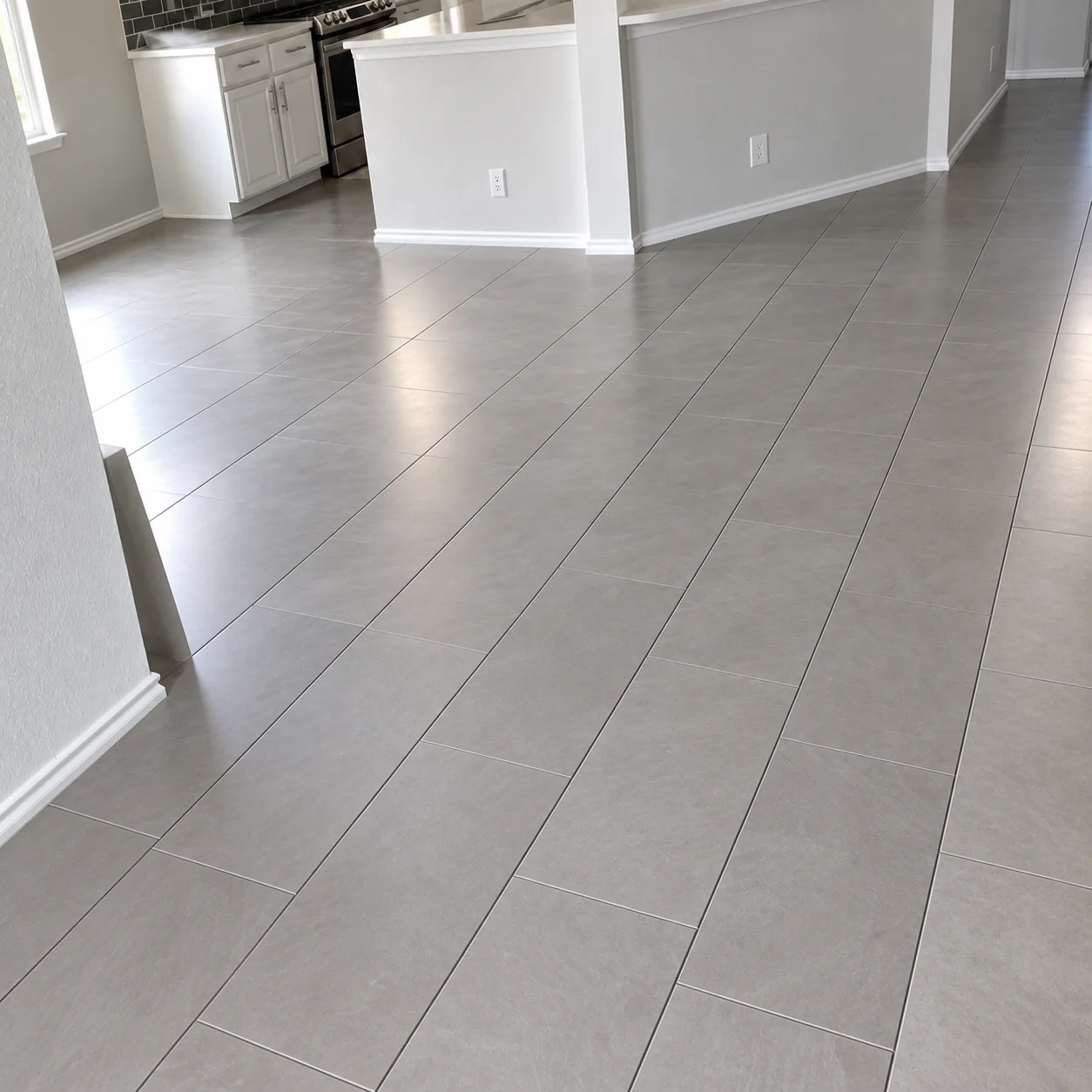 Completed large-format tile floor